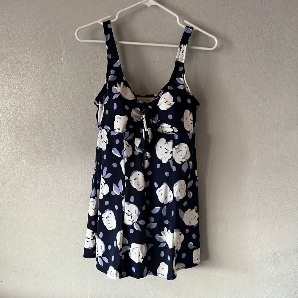 Croft & Barrow navy blue floral and polka-dot print swim dress V-neckline